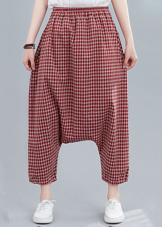 Handmade Red Plaid Pockets Patchwork Cotton Crop Pants Summer