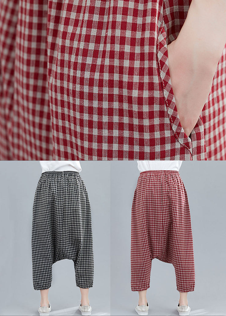 Handmade Red Plaid Pockets Patchwork Cotton Crop Pants Summer