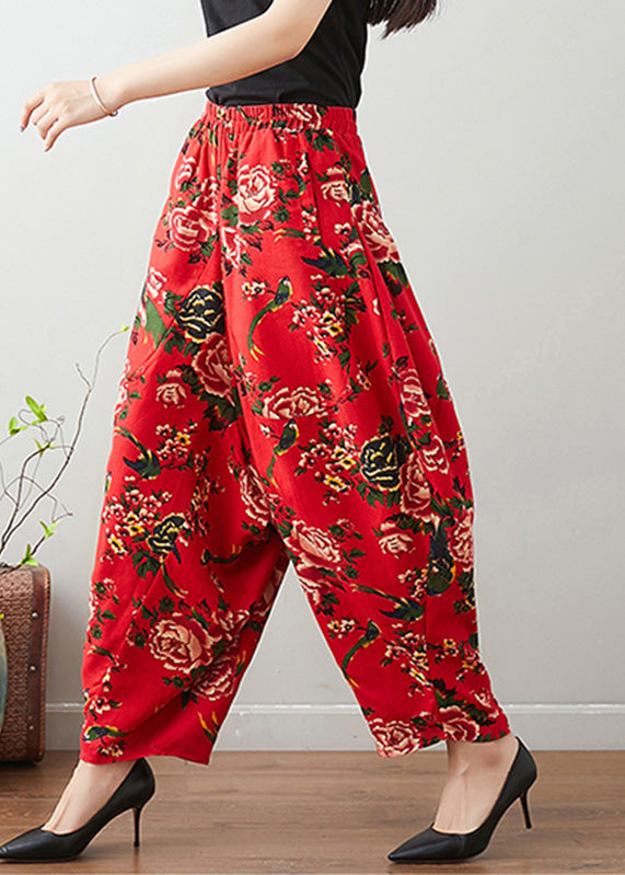 Handmade Red Print Cozy Waist Wide Pants