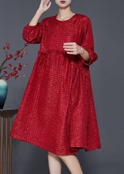 Handmade Red Ruffled Jacquard Spandex Dresses Half Sleeve