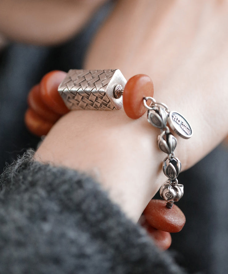 Handmade Red Sterling Silver Beeswax Tassel Charm Bracelet