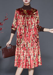 Handmade Red Turtle Neck Print Silk Velour Vacation Dresses Spring