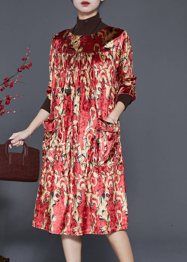 Handmade Red Turtle Neck Print Silk Velour Vacation Dresses Spring