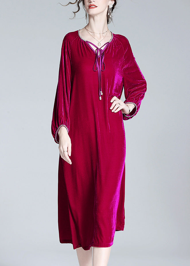 Handmade Red V Neck Neck Tie Solid Velour Maxi Dress Spring