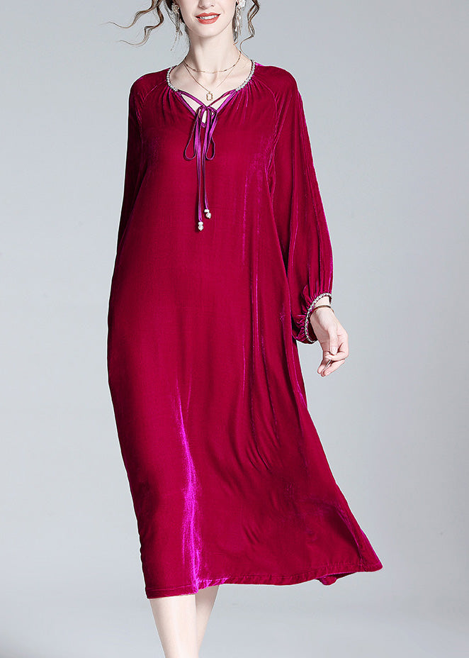 Handmade Red V Neck Neck Tie Solid Velour Maxi Dress Spring