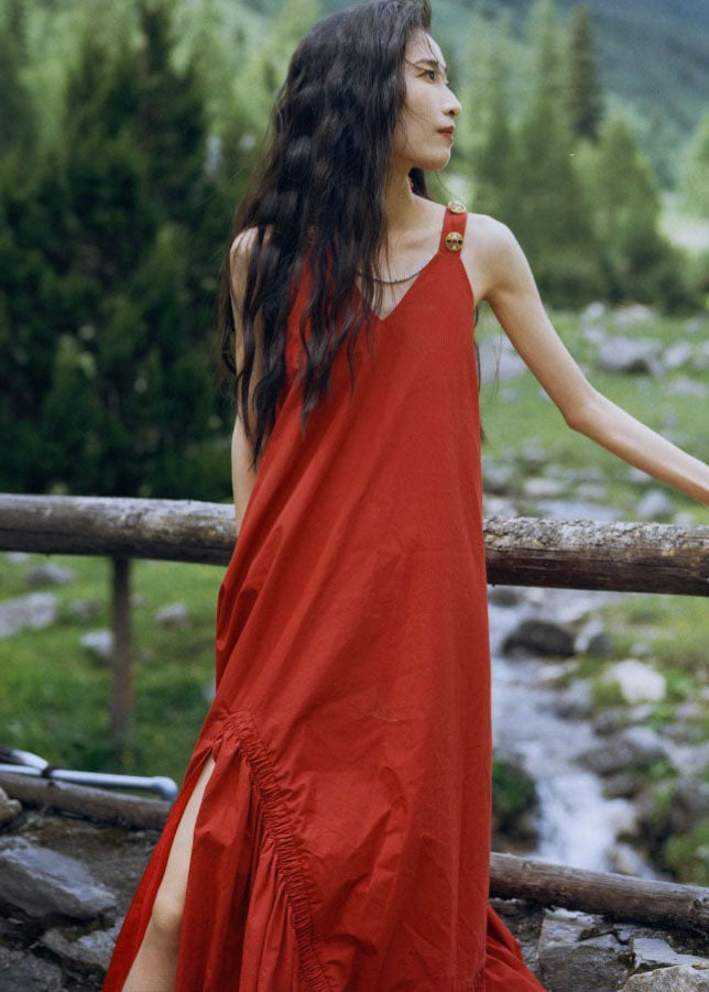 Handmade Red V Neck Wrinkled Mopping Slip Dresses Summer