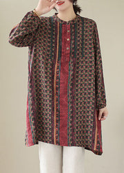 Handmade Red Wrinkled Print Cotton Mid Shirts Dress Spring