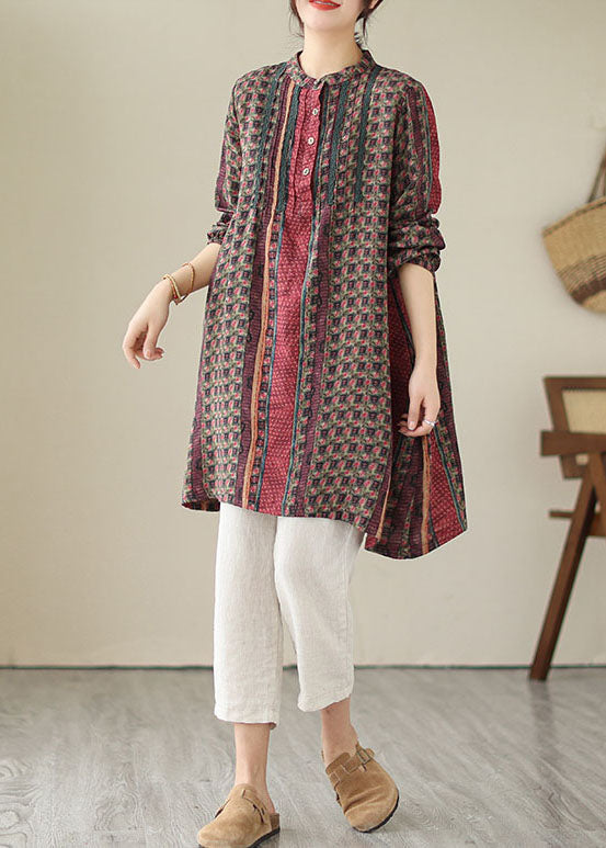 Handmade Red Wrinkled Print Cotton Mid Shirts Dress Spring