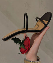 Handmade Rose Splicing Stiletto High Heel Slippers Black Faux Leather