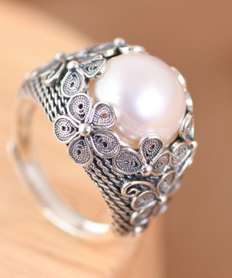 Handmade Silk Sterling Silver Inlaid Pearl Floral Rings