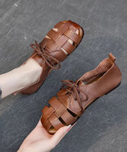 Handmade Splicing Flat Sandals Brown Cowhide Leather Hollow Out