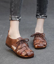 Handmade Splicing Flat Sandals Brown Cowhide Leather Hollow Out