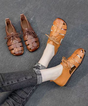 Handmade Splicing Flat Sandals Brown Cowhide Leather Hollow Out