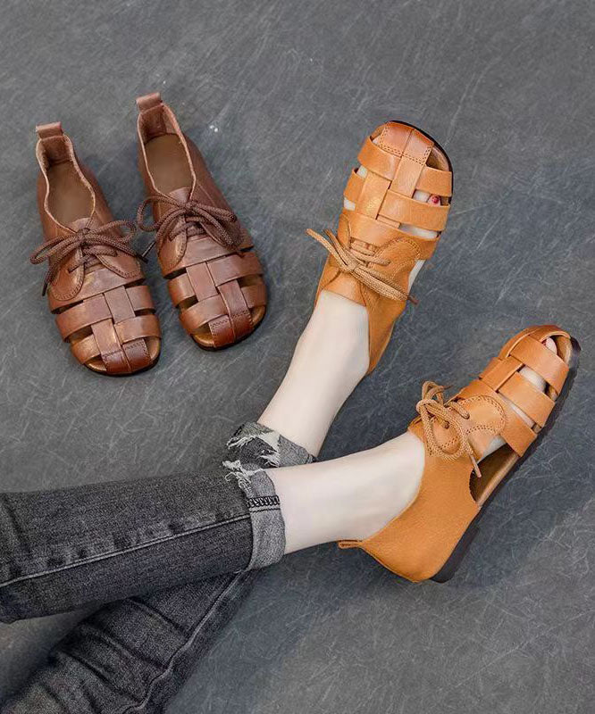 Handmade Splicing Flat Sandals Brown Cowhide Leather Hollow Out