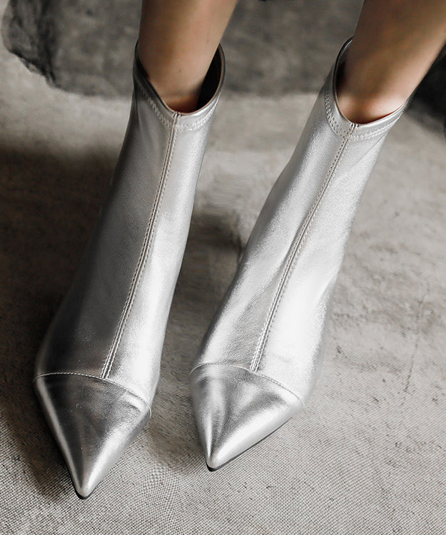 Handmade Splicing High Heel Boots Silver Cowhide Leather