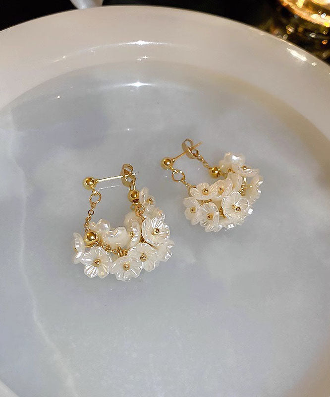 Handmade White Alloy Pearl Floral Tassel Drop Earrings