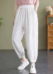 Handmade White Elastic Waist Solid Beam Pants Summer