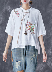 Handmade White Embroideried Patchwork Linen Blouses Summer