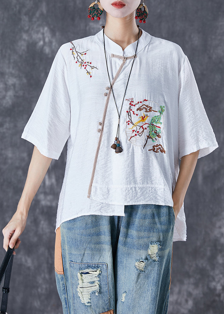 Handmade White Embroideried Patchwork Linen Blouses Summer