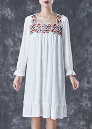 Handmade White Embroidered Silk Velour Holiday Dress Fall