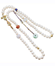 Handmade White Jade Pearl Agate Beading Tassel Sweater Lariat Necklace