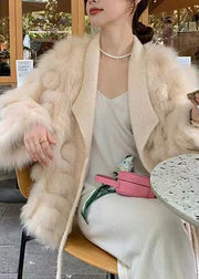 Handmade White Notched Patchwork Tie Waist Mink Hair Knitted Coat Winter