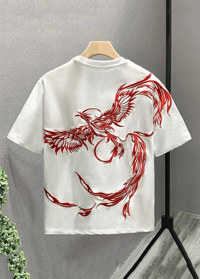 Handmade White O-Neck Embroideried Cotton T Shirts Men Summer