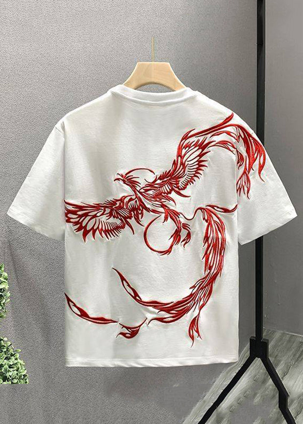 Handmade White O-Neck Embroideried Cotton T Shirts Men Summer