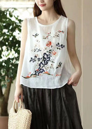 Handmade White O Neck Embroideried Patchwork Linen Tops Summer