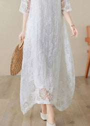 Handmade White O Neck Hollow Out Lace Dress Summer