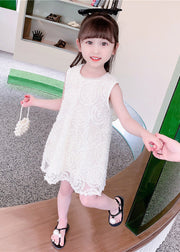 Handmade White Pearl Patchwork Floral Solid Cotton Kids Mid Dresses Summer