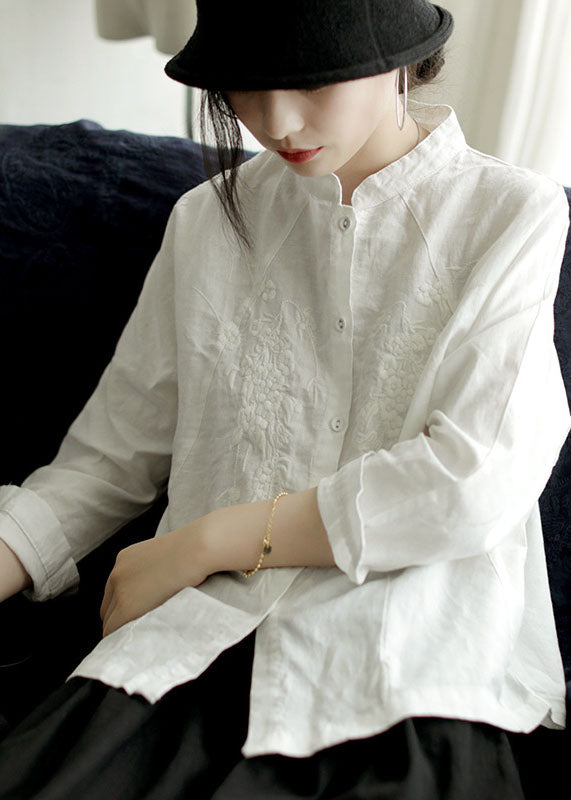 Handmade White Stand Collar Embroideried Cotton Shirts Spring