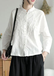 Handmade White Stand Collar Embroideried Cotton Shirts Spring