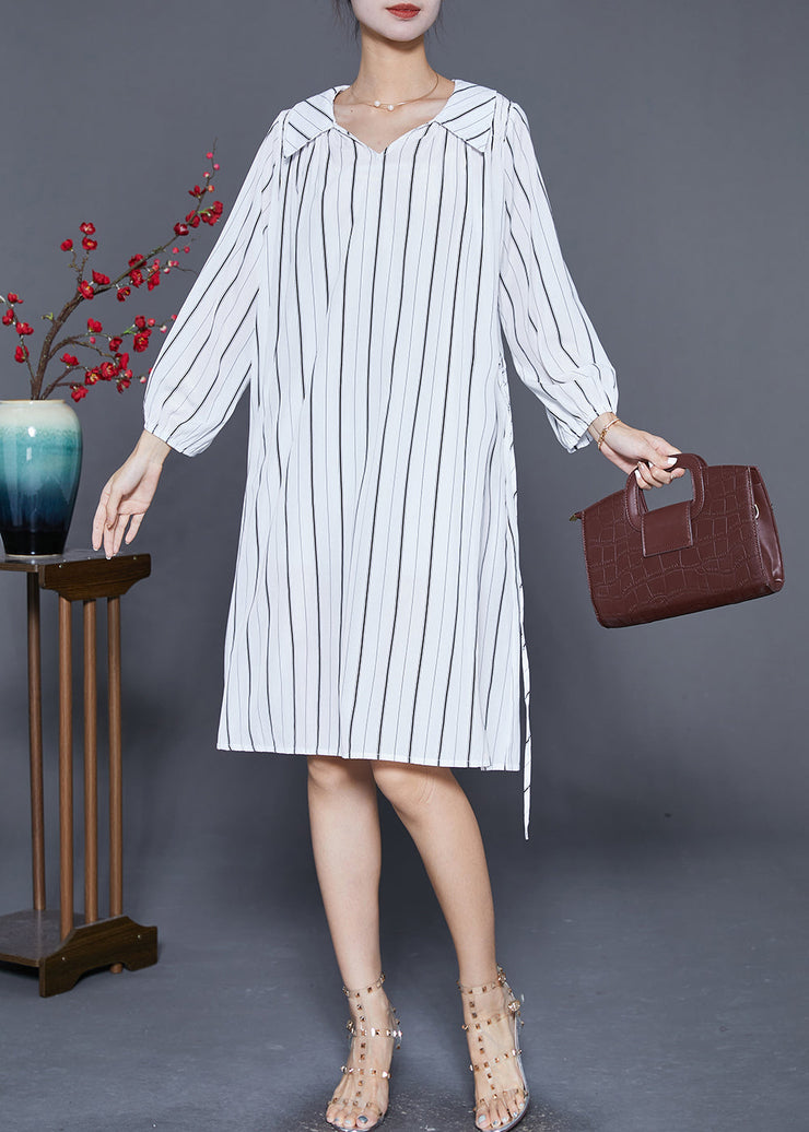 Handmade White Striped Tie Waist Cotton Shirt Dresses Summer