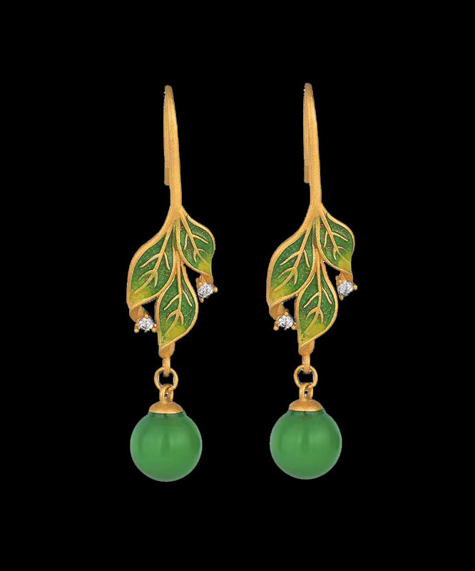 Handmade White Tree Leaves Zircon Jade Drop Earrings