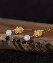 Handmade White Tree Leaves Zircon Jade Drop Earrings