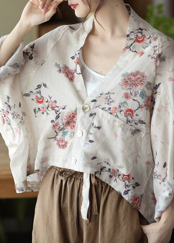 Handmade White V Neck Print Button Linen Shirt Batwing Sleeve