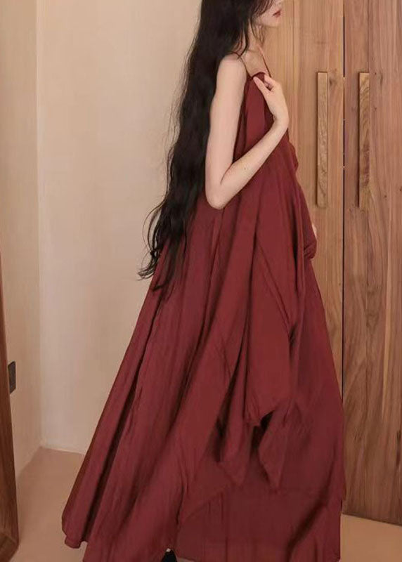 Handmade Wine Red Asymmetrical Patchwork Wrinkled Chiffon Spaghetti Strap Long Dress Summer