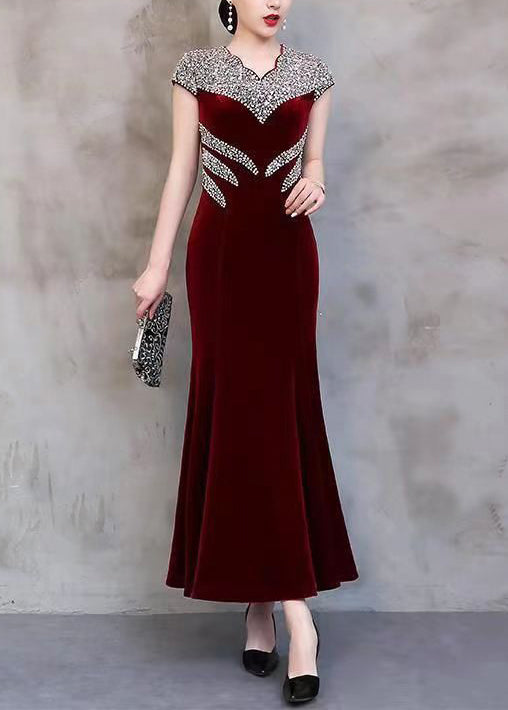 Handmade Wine Red Zircon Patchwork Silk Long Dresses Summer