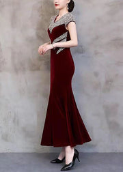 Handmade Wine Red Zircon Patchwork Silk Long Dresses Summer