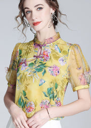 Handmade Yellow Chinese Button Patchwork Print Silk Tops Summer