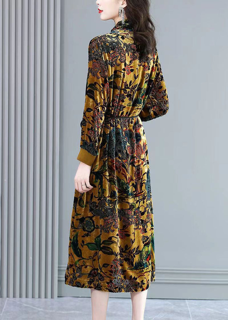 Handmade Yellow Hign Neck Print Velour Long Dresses Fall