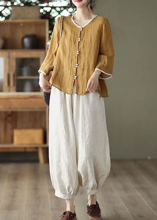 Handmade Yellow O Neck Patchwork Linen Shirt Top Summer