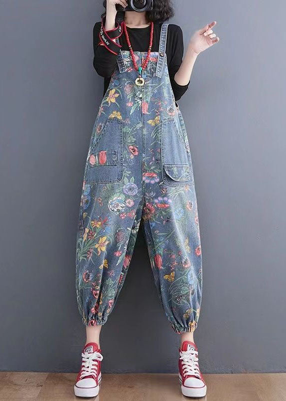 Handmade Yellow Print Denim Spaghetti Strap Jumpsuits Spring