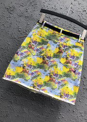 Handmade Yellow Print Pockets Patchwork Denim Skirt Summer