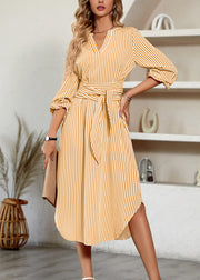 Handmade Yellow V Neck Striped Tie Waist Cotton Dress Fall