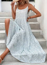 Holiday Style Light Blue Print Lace Up Spaghetti Strap Dress