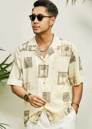 Hong Kong Style Cuban Collar Printed Men's Shirt Short Sleeved