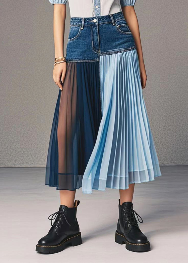 Italian Asymmetrical Patchwork Wrinkled Denim Skirt Fall