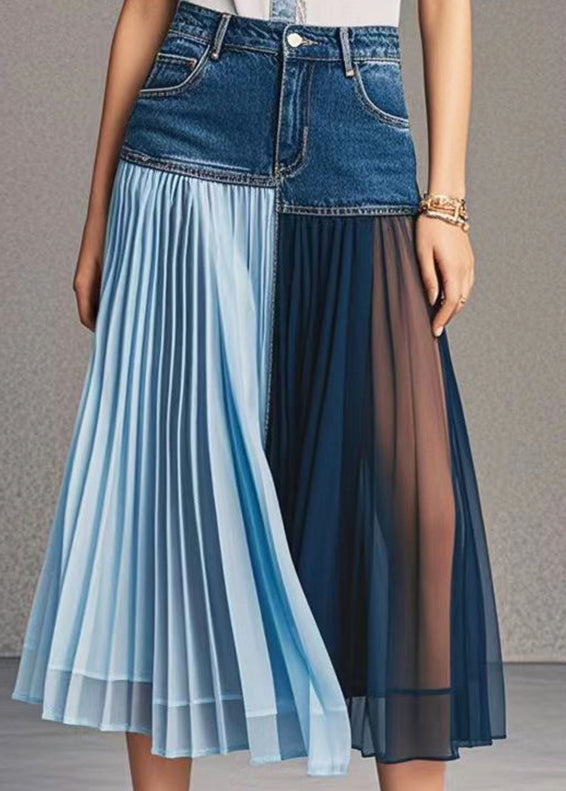 Italian Asymmetrical Patchwork Wrinkled Denim Skirt Fall